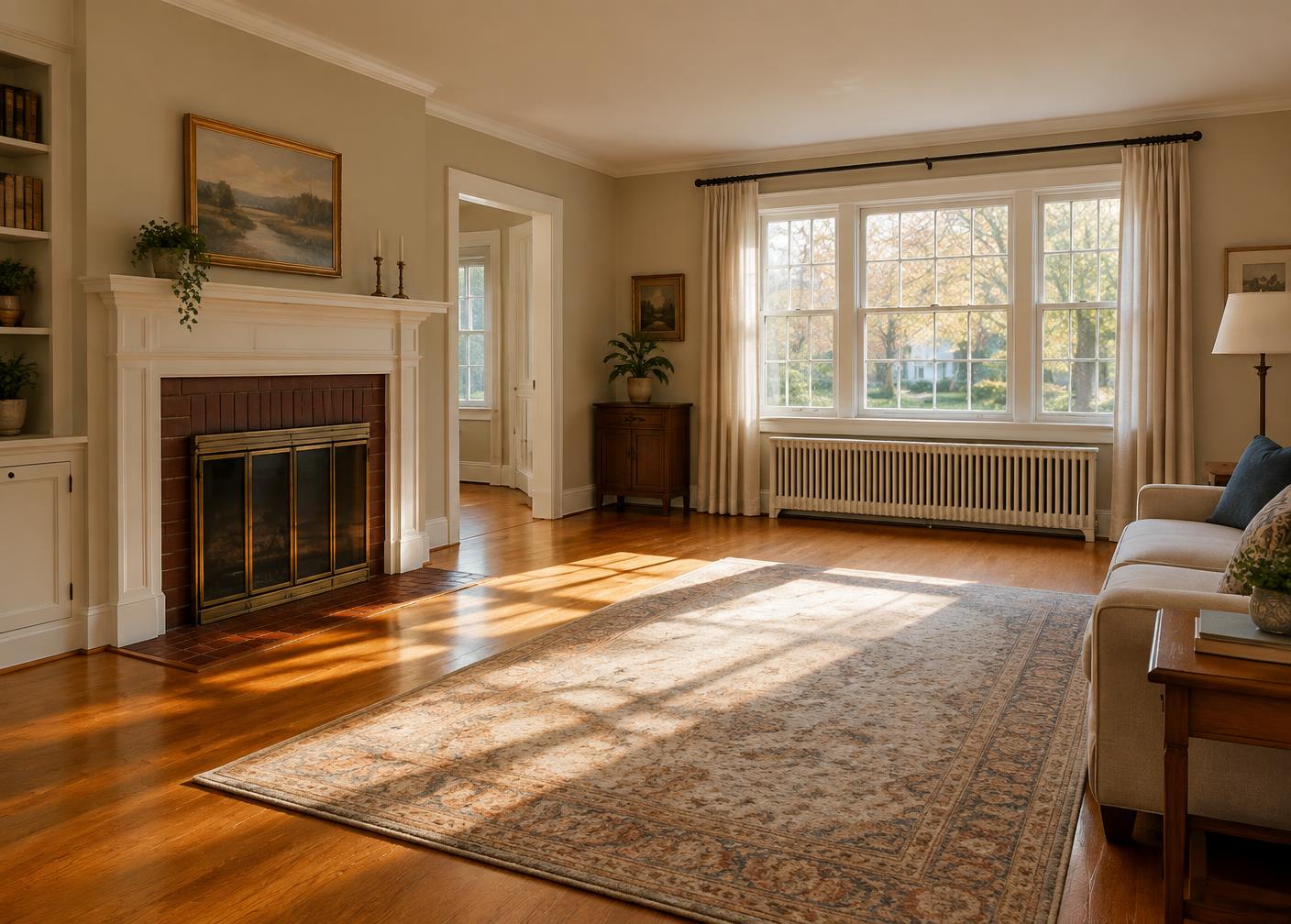 Sunlit living room of a well-kept family home